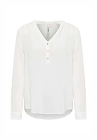 Camicia bianca a maniche lunghe con scollo a V e patta con tre bottoni. Realizzata in tessuto leggero, con orlo arrotondato e maniche con polsini.