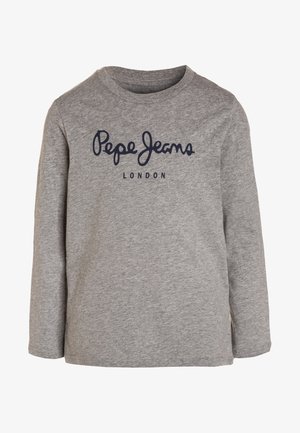 Graues Langarmshirt mit dunkelblauem "Pepe Jeans London"-Logo quer über der Brust, Rundhalsausschnitt und einfarbigem Stoff.