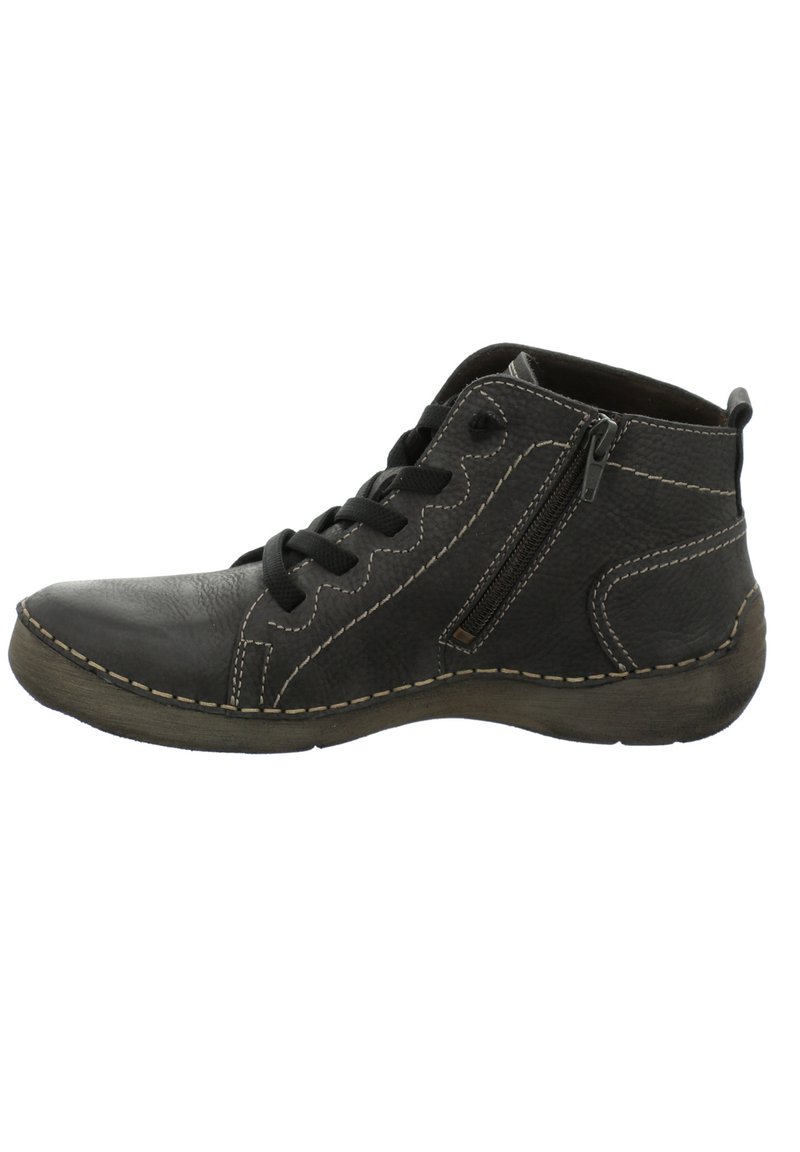 Botín negro de cuero hasta el tobillo con cordones y cremallera lateral. Presenta costuras contrastantes y una suela de goma flexible.