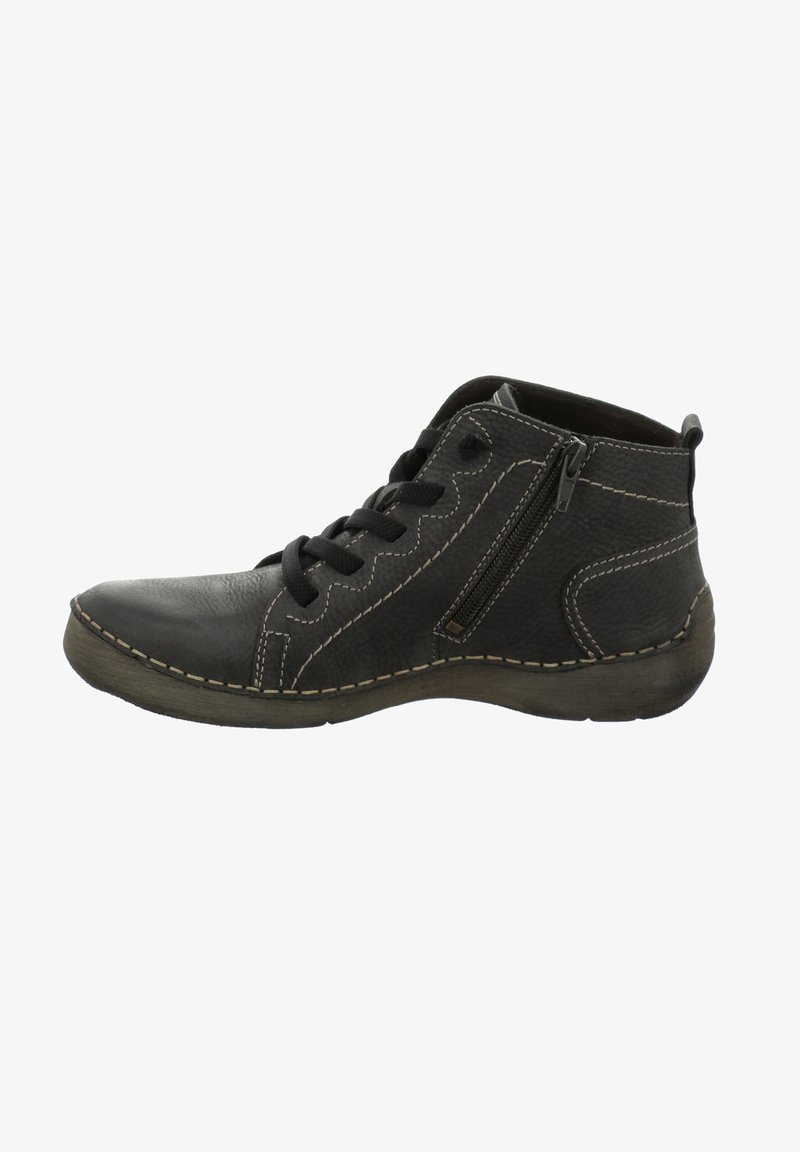 Bottines en cuir noir avec un laçage à l'avant et une fermeture éclair sur le côté. Présente des coutures contrastées et une semelle en caoutchouc flexible.