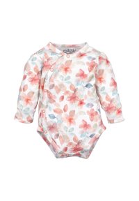 Långärmad body i mjuk bomull med ett blommönster i pastellrosa och blå nyanser, rund halsringning och tryckknappar fram.