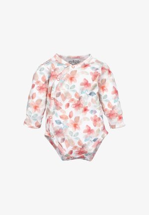 Long-sleeve onesie in soft cotton featuring a floral print with pastel pink and blue hues, round neckline, and snap closures along the front.