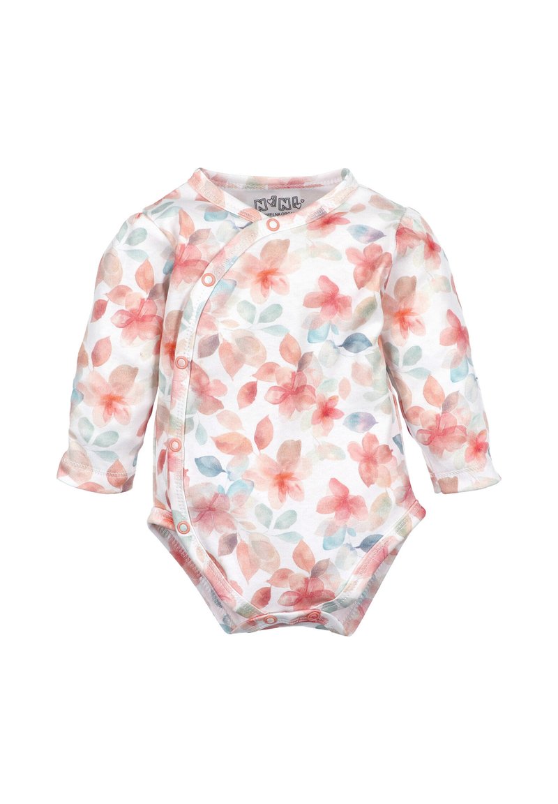 Långärmad body i mjuk bomull med ett blommönster i pastellrosa och blå nyanser, rund halsringning och tryckknappar fram.