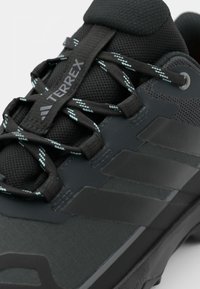 Schwarzer Terrex-Schuh mit strukturiertem Mesh-Obermaterial, plastischen Akzenten und blau gestreiften Schnürsenkeln. Mit auffälligem Logo auf der Zunge und strapazierfähiger Sohle.