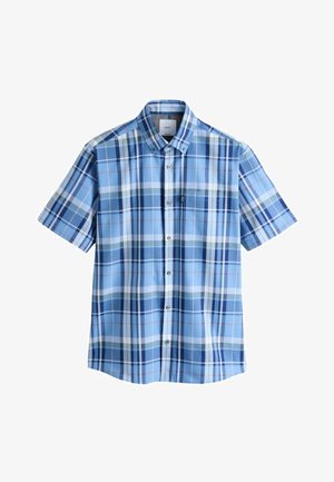 Rövid ujjú férfi gombos ing kék, fehér és szürke kockás mintával, mellzsebbel.