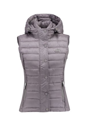 Veste matelassée sans manches violet clair avec capuche, boutons-pression à l'avant, poches latérales zippées et petit badge logo sur la poitrine.