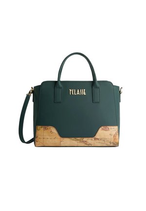 Borsa a tracolla sintetica verde con un motivo mappato testurizzato alla base. Presenta manici doppi, una tracolla staccabile e un logo dorato.