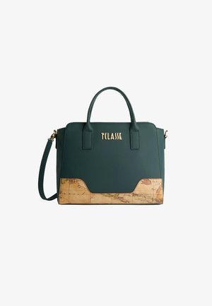 Borsa a tracolla sintetica verde con un motivo mappato testurizzato alla base. Presenta manici doppi, una tracolla staccabile e un logo dorato.
