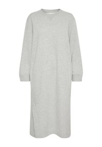 Vestido gris de manga larga hecho de suave tejido de punto, con escote redondo, hombros caídos, bolsillos laterales y una silueta suelta y recta.