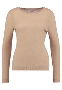 Beżowy sweter z długim rękawem o okrągłym dekolcie, miękkiej fakturze, ściągaczach na mankietach i dole. Prosty, dopasowany fason bez dodatkowych wzorów czy detali.