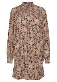 Robe fleurie beige avec un col haut smocké, des manches longues et une coupe ample. Présente un imprimé coloré avec des accents roses, verts et bruns.