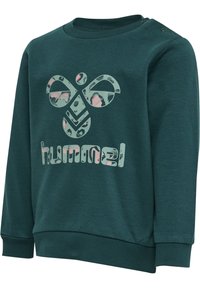 Donkergroene sweatshirt met een geribde halslijn en mouwen. Bevat een groot lichtgroen logo met een roze en zwarte camouflagepatroon.