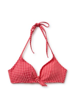 Haut de bikini dos-nu à carreaux rouges et roses avec des bretelles nouées autour du cou et un petit nœud entre les bonnets.