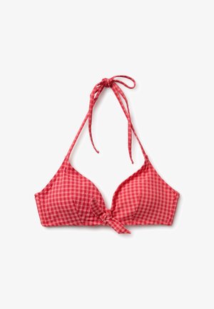 Haut de bikini dos-nu à carreaux rouges et roses avec des bretelles nouées autour du cou et un petit nœud entre les bonnets.