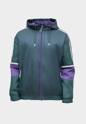 Groene en paarse windbreaker jas met capuchon, voorzien van een rits aan de voorkant, elastische manchetten en een gepatterd ontwerp op de stof.