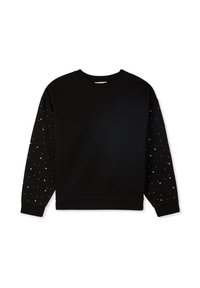 Czarna bluza z okrągłym dekoltem, z długimi rękawami ozdobionymi srebrnymi ćwiekami ułożonymi w wzory po bokach. Miękka tekstura materiału.