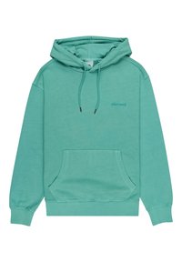 Sudadera azul verdosa hecha de una tela suave, con un bolsillo delantero, capucha ajustable con cordón y un logotipo sutil en el pecho.