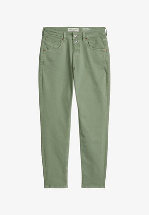 Jeans en coton vert clair coupés courts avec poches avant et arrière, passants pour ceinture et fermeture par bouton, posés à plat sur fond blanc.