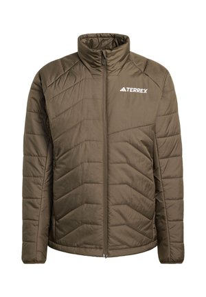 Chaqueta acolchada marrón con cremallera, cuello alto, mangas largas y logo blanco de Terrex en el pecho izquierdo.