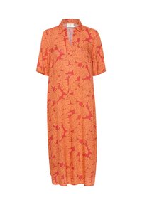 Oranje jurk met een bladerenpatroon, korte mouwen, een kraag en een relaxed fit. Gemaakt van lichte stof met een gladde textuur.