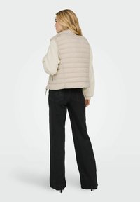 Beige gesteppte Daunenweste mit vertikalen Nähten, hohem Kragen und ohne Ärmel. Kombiniert mit schwarzen Hosen mit weitem Bein. Glatte Textur, lässige Passform.