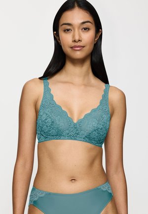 Teal lace bra with scalloped edges, v-neck design, and adjustable straps. Soft texture complements matching lace briefs.