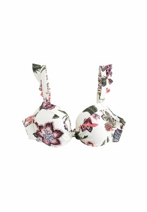 Bralette à motif floral avec bonnets moulés, tissu blanc et bretelles froncées. Le design inclut diverses fleurs multicolores et feuilles.