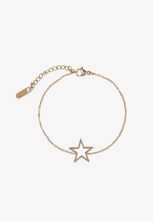 Goldene Kettenarmband mit einem Sternanhänger, das eine glatte Oberfläche und einen Verschluss an einer zarten, verstellbaren Kette aufweist.