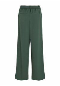 Pantalon vert foncé à jambes larges avec taille élastique et deux poches arrière, présenté de dos sur fond blanc.