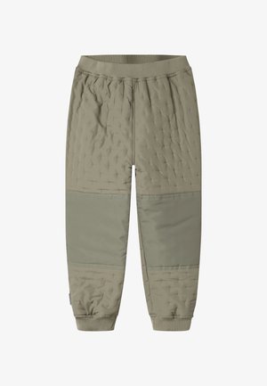 Pantalon matelassé vert olive clair avec renforts aux genoux, taille élastique et poignets aux chevilles, conçu pour la chaleur et le confort.