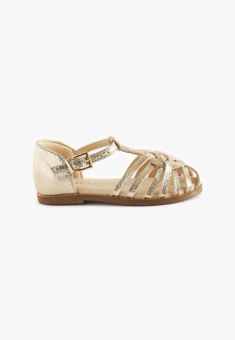 Sandal in metallo dorato, caratterizzato da un design con T-strap, punta aperta e motivo a intaglio. Chiusura con fibbia e materiale in faux leather testurizzato.
