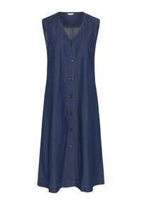 Robe midi en denim bleu foncé sans manches avec encolure en V et fermeture centrale boutonnée, présentant des surpiqûres contrastantes le long des bords.