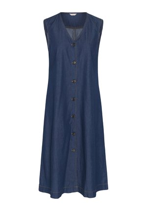Robe midi en denim bleu foncé sans manches avec encolure en V et fermeture centrale boutonnée, présentant des surpiqûres contrastantes le long des bords.