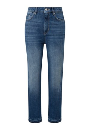 Denim jeans in medium blue with a faded wash, straight-leg design, five-pocket style, and a classic button closure at the waist.