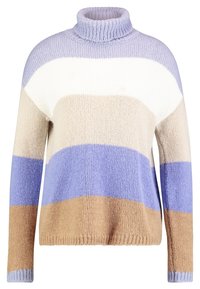 Pull en maille à col roulé avec des rayures horizontales en violet clair, blanc, beige et violet foncé. Texture douce avec des poignets côtelés.