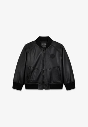 Veste bomber en cuir noir avec col et poignets côtelés, fermeture éclair frontale, deux poches latérales et logo embossé sur la poitrine.