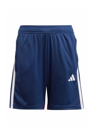 Shorts de sport marine avec une bande blanche sur les côtés, taille élastique, tissu doux et logo adidas sur la jambe gauche.