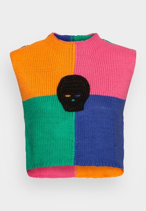 Sleeveless knit sweater vest with color blocks in orange, pink, green, and blue, featuring a black knitted skull design on the front.