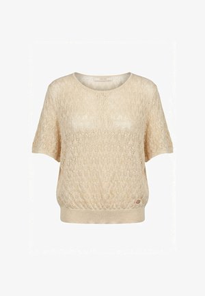 Top beige a maniche corte in maglia con un delicato motivo a traforo, scollo rotondo e dettaglio aderente all'orlo.