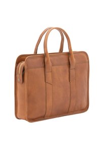 Bruine leren laptoprugzak met twee handvatten, rechthoekige vorm, ritsvak en zichtbare stiksels. Vo smooth oppervlak, minimalistisch ontwerp.