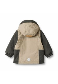Beige und dunkelgrüne Kapuzenjacke mit elastischen Bündchen, kontrastierenden Einsätzen und einem runden Logo auf dem Rücken. Glatter, leichter Stoff.