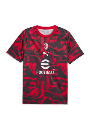 Rød og sort AC Milan fodboldtrøje med abstrakte mønstre, Puma-logo, klubemblem og teksten "eFootball" på fronten.