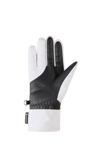 Leather and fabric glove with a black palm and white back, featuring a snug fit and textured grip. Includes a wrist strap and stitching detail.