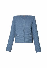 Sininen neulottu neuletakki kuvioidulla pinnalla, pyöreä pääntie, edessä nappikiinnitys ja kaksi päällystettyä nappitaskua.