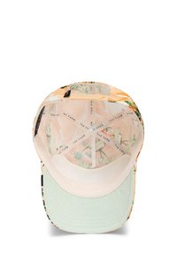 Cap with an orange floral patterned exterior, mint green corduroy brim, and a soft interior lining featuring brand text and leaf illustrations.