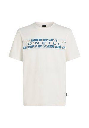 Witte katoenen T-shirt met korte mouwen, voorzien van een blauw-wit grafisch ontwerp over de borst met de tekst "O'Neill."