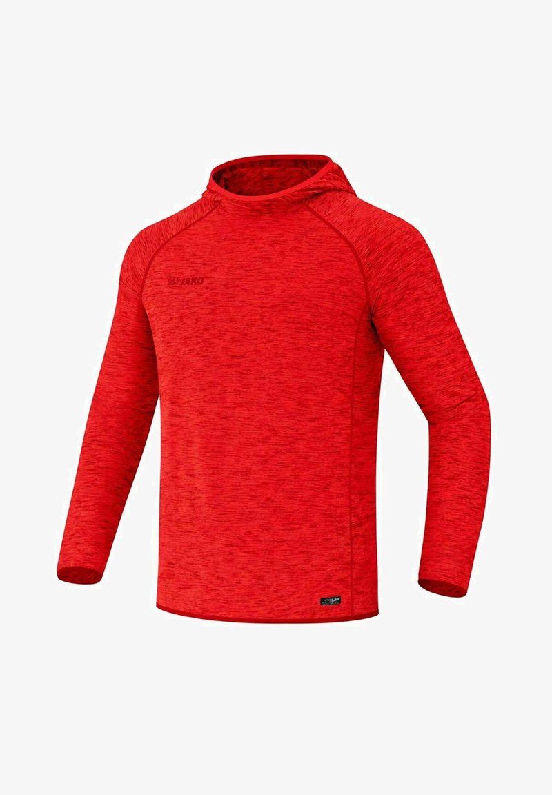 Haut de sport rouge à manches longues avec capuche, texture subtile et petit logo sur la poitrine ainsi que près de l'ourlet du côté gauche.