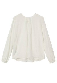 Blusa bianca a maniche lunghe con scollatura rotonda, realizzata in tessuto testurizzato con piccoli motivi a pois, caratterizzata da una vestibilità ampia e un retro plissettato.