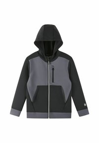 Giacca con cappuccio e zip frontale, caratterizzata da pannelli neri e grigi, una tasca sul petto e tasche laterali. Realizzata in materiale morbido e testurizzato.