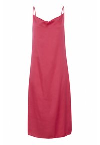 Abito senza maniche, di lunghezza media, di un vivace rosa brillante. Texture in satin liscio con scollo drappeggiato e spalline sottili. Nessun motivo o decorazione visibile.
